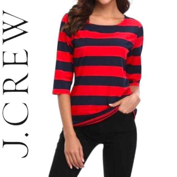 J. CREW SILKY WIDE STRIPE RED NAVY BLUE NAUTICAL BOATNECK BLOUSE 3/4 SLEEVES SMA - Picture 1 of 9